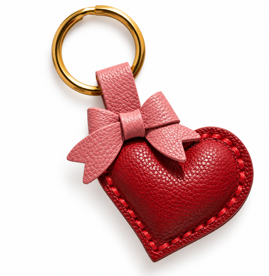 Red Leather Heart with Pink Bow Keychain