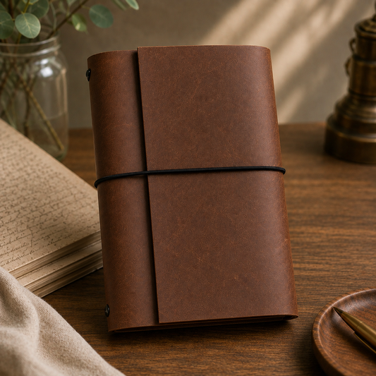 Brown A6 Full-Grain Leather Journal with 3 Notebooks